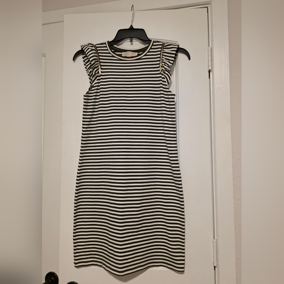 Michael Kors Olive & White Striped Dress XS Gold Shoulder Zippers 🚢 - Picture 3 of 9